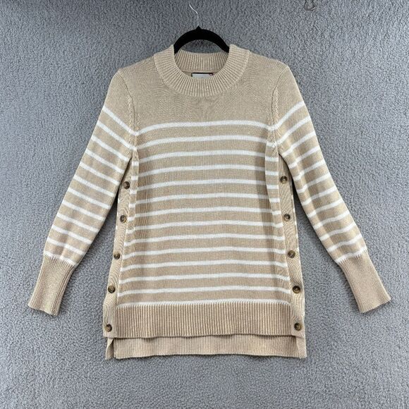 Tuckernuck XS Tan Stripe Bar Harbor Cotton Side Button Sweater - Picture 2 of 10